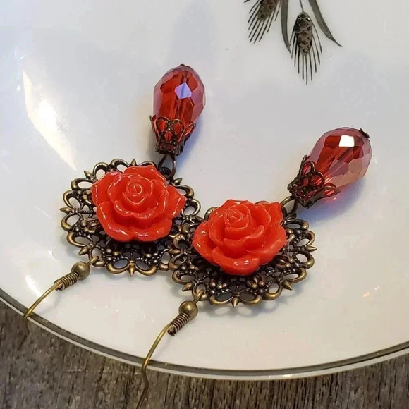 Lacy Bronze Filigree Red Rose Cabochon Teardrop Cut Crystal Earrings - Picture 4 of 5